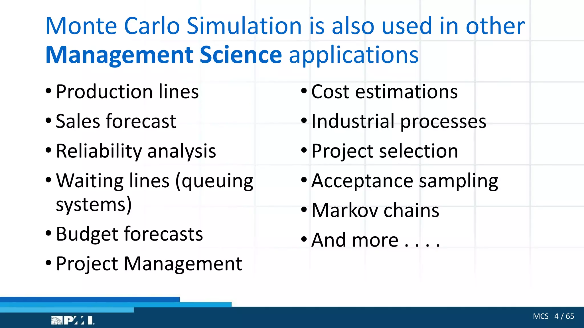 MCS 4 / 65
Monte Carlo Simulation is also used in other
Management Science applications
• Production lines
• Sales forecast
• Reliability analysis
• Waiting lines (queuing
systems)
• Budget forecasts
• Project Management
•Cost estimations
•Industrial processes
•Project selection
•Acceptance sampling
•Markov chains
•And more . . . .
 