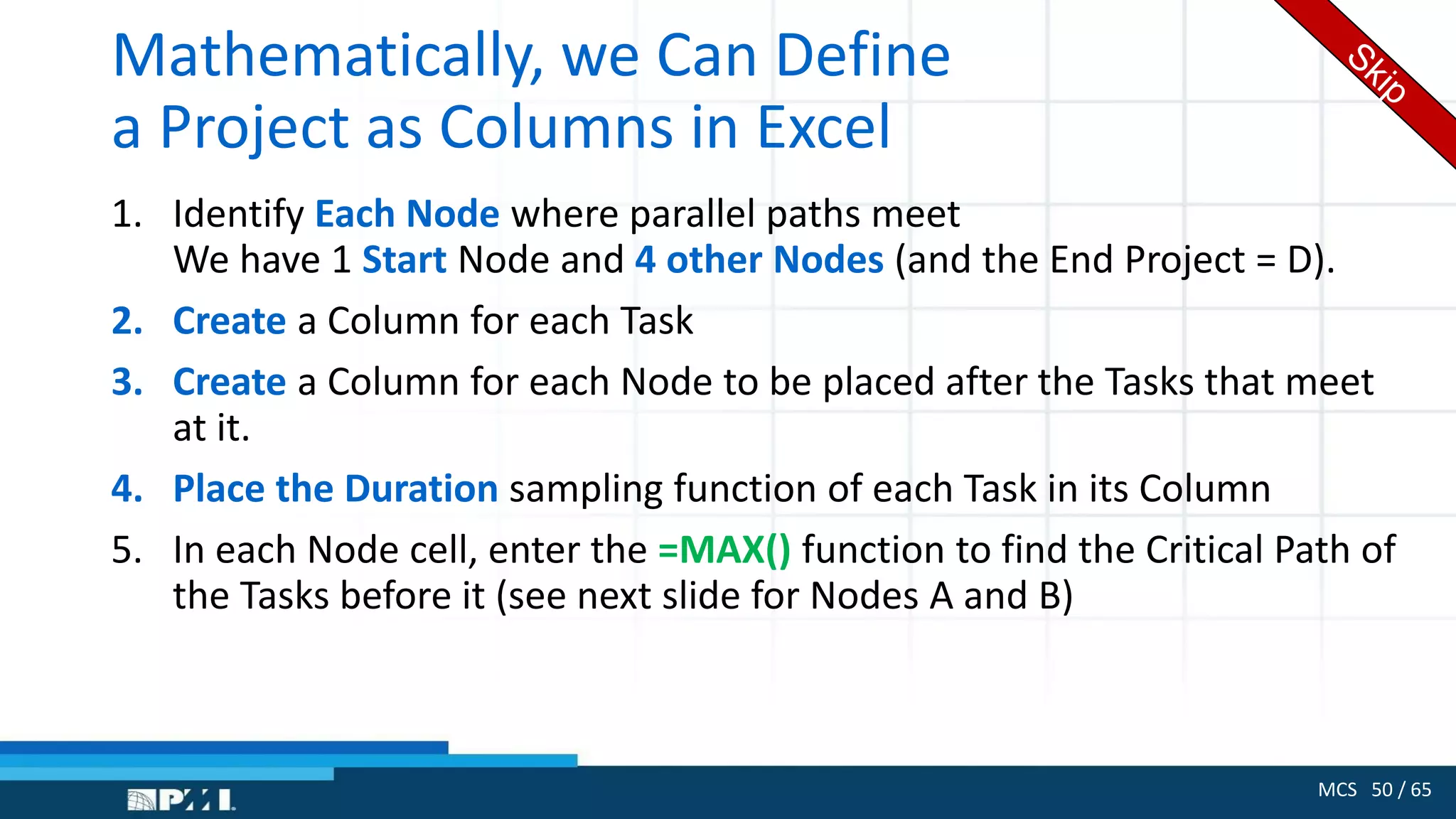 MCS 50 / 65
Mathematically, we Can Define
a Project as Columns in Excel
1. Identify Each Node where parallel paths meet
We have 1 Start Node and 4 other Nodes (and the End Project = D).
2. Create a Column for each Task
3. Create a Column for each Node to be placed after the Tasks that meet
at it.
4. Place the Duration sampling function of each Task in its Column
5. In each Node cell, enter the =MAX() function to find the Critical Path of
the Tasks before it (see next slide for Nodes A and B)
 