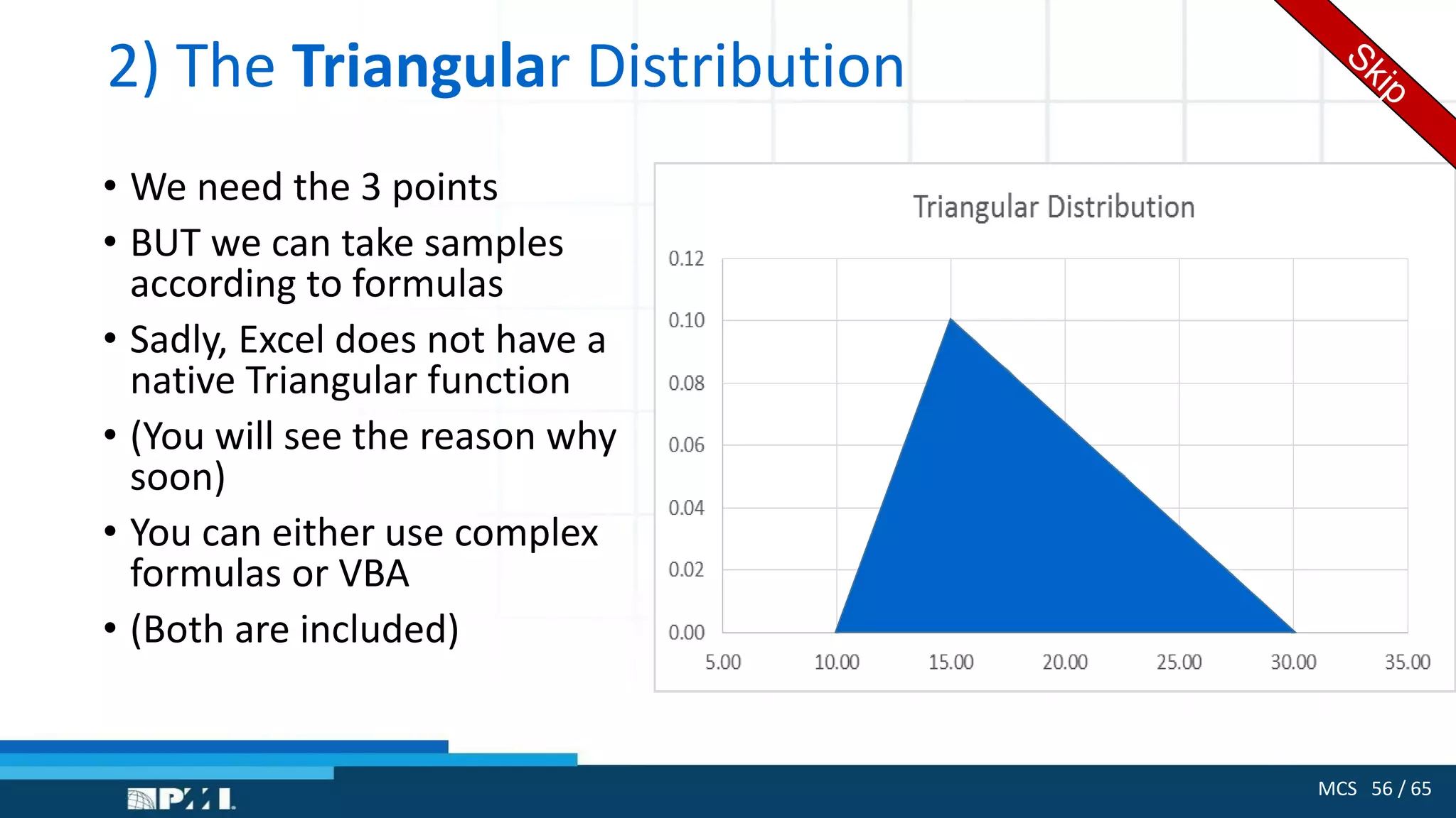 MCS 56 / 65
2) The Triangular Distribution
• We need the 3 points
• BUT we can take samples
according to formulas
• Sadly, Excel does not have a
native Triangular function
• (You will see the reason why
soon)
• You can either use complex
formulas or VBA
• (Both are included)
 
