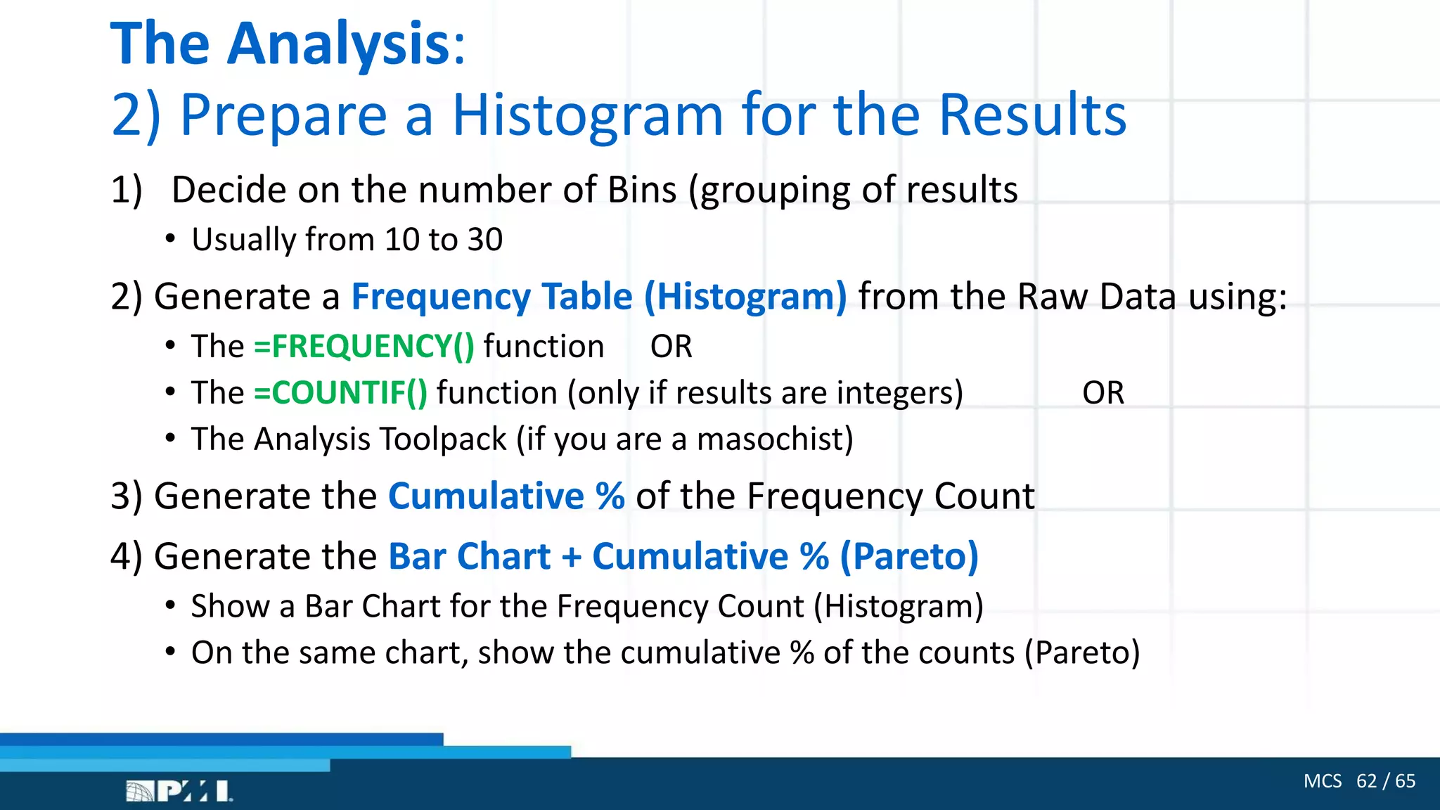 MCS 62 / 65
The Analysis:
2) Prepare a Histogram for the Results
1) Decide on the number of Bins (grouping of results
• Usually from 10 to 30
2) Generate a Frequency Table (Histogram) from the Raw Data using:
• The =FREQUENCY() function OR
• The =COUNTIF() function (only if results are integers) OR
• The Analysis Toolpack (if you are a masochist)
3) Generate the Cumulative % of the Frequency Count
4) Generate the Bar Chart + Cumulative % (Pareto)
• Show a Bar Chart for the Frequency Count (Histogram)
• On the same chart, show the cumulative % of the counts (Pareto)
 