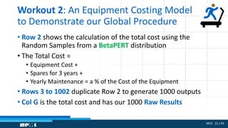 MCS 21 / 65
Workout 2: An Equipment Costing Model
to Demonstrate our Global Procedure
• Row 2 shows the calculation of the total cost using the
Random Samples from a BetaPERT distribution
• The Total Cost =
• Equipment Cost +
• Spares for 3 years +
• Yearly Maintenance = a % of the Cost of the Equipment
• Rows 3 to 1002 duplicate Row 2 to generate 1000 outputs
• Col G is the total cost and has our 1000 Raw Results
 