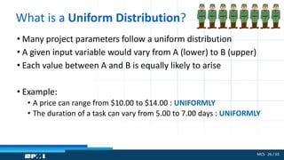 MCS 26 / 65
What is a Uniform Distribution?
• Many project parameters follow a uniform distribution
• A given input variable would vary from A (lower) to B (upper)
• Each value between A and B is equally likely to arise
• Example:
• A price can range from $10.00 to $14.00 : UNIFORMLY
• The duration of a task can vary from 5.00 to 7.00 days : UNIFORMLY
 