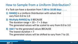 MCS 27 / 65
How to Sample from a Uniform Distribution?
If a Task can have a duration from 7.00 to 10.00 days . . . .
1) RAND() is a Uniform Distribution with values that
vary from 0.0 to 1.0
2) Multiply RAND() by 3 BECAUSE
The duration range = 10 – 7 = 3 days
The generated values will be scaled to vary from 0.0 to 3.0
3) Add 7 to the generated values BECAUSE
The lowest duration = 7
The generated values will be shifted to vary from 7 to 10.
 
