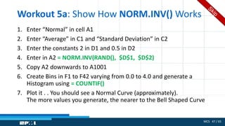MCS 47 / 65
Workout 5a: Show How NORM.INV() Works
1. Enter “Normal” in cell A1
2. Enter “Average” in C1 and “Standard Deviation” in C2
3. Enter the constants 2 in D1 and 0.5 in D2
4. Enter in A2 = NORM.INV(RAND(), $D$1, $D$2)
5. Copy A2 downwards to A1001
6. Create Bins in F1 to F42 varying from 0.0 to 4.0 and generate a
Histogram using = COUNTIF()
7. Plot it . . You should see a Normal Curve (approximately).
The more values you generate, the nearer to the Bell Shaped Curve
 