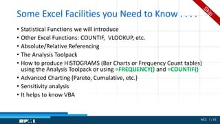 MCS 7 / 65
Some Excel Facilities you Need to Know . . . .
• Statistical Functions we will introduce
• Other Excel Functions: COUNTIF, VLOOKUP, etc.
• Absolute/Relative Referencing
• The Analysis Toolpack
• How to produce HISTOGRAMS (Bar Charts or Frequency Count tables)
using the Analysis Toolpack or using =FREQUENCY() and =COUNTIF()
• Advanced Charting (Pareto, Cumulative, etc.)
• Sensitivity analysis
• It helps to know VBA
 