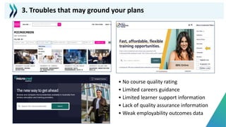 • No course quality rating
• Limited careers guidance
• Limited learner support information
• Lack of quality assurance information
• Weak employability outcomes data
3. Troubles that may ground your plans
 