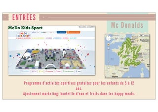 ENTRÉES
Programme d’activités sportives gratuites pour les enfants de 5 à 12
ans.
Ajustement marketing: bouteille d’eau et fruits dans les happy meals.
Mc Donalds
 
