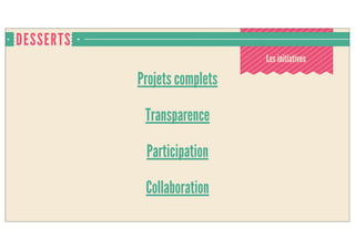 DESSERTS
Projets complets
Transparence
Participation
Collaboration
Les initiatives
 