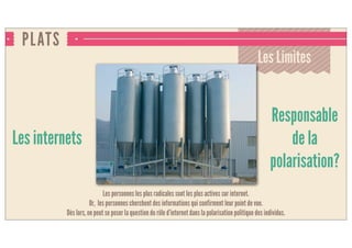 PLATS
Les internets
responsables
de la
polarisation?
Les Limites
Les personnes les plus radicales sont les plus actives sur internet.
Or, les personnes cherchent des informations qui confirment leur point de vue.
Dès lors, on peut se poser la question du rôle d’internet dans la polarisation politique des individus.
 
