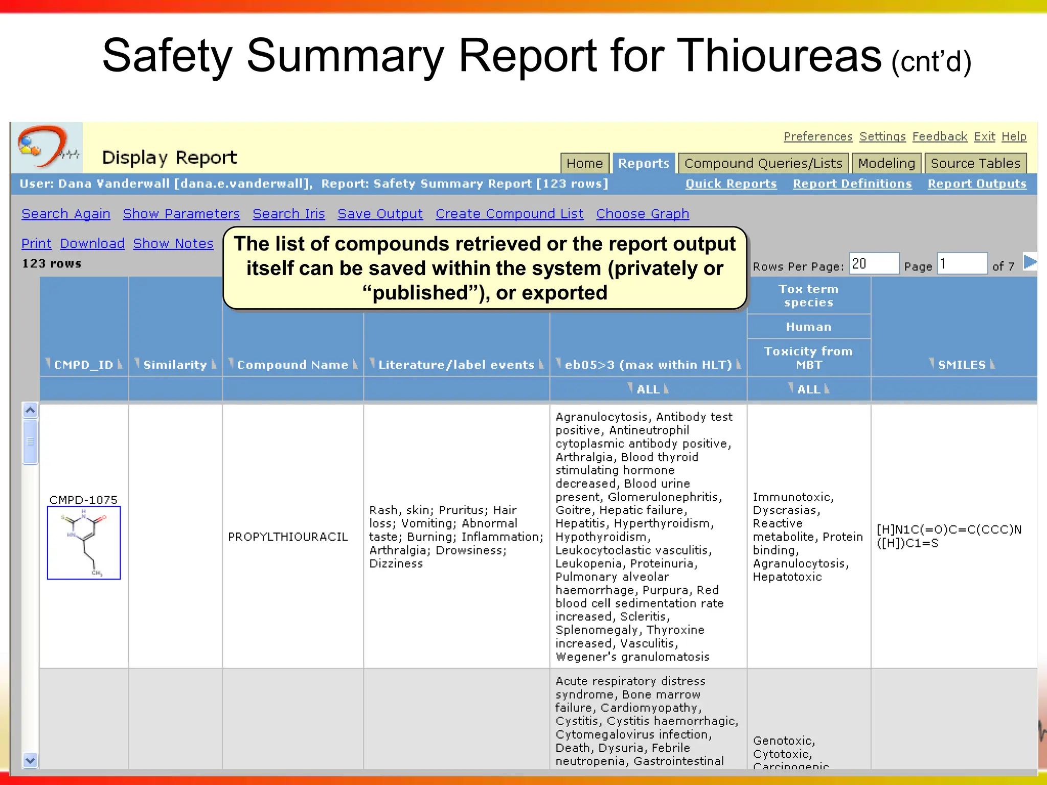 Safety Summary Report for Thioureas (cnt’d)The list of compounds retrieved or the report output itself can be saved within the system (privately or “published”), or exported
