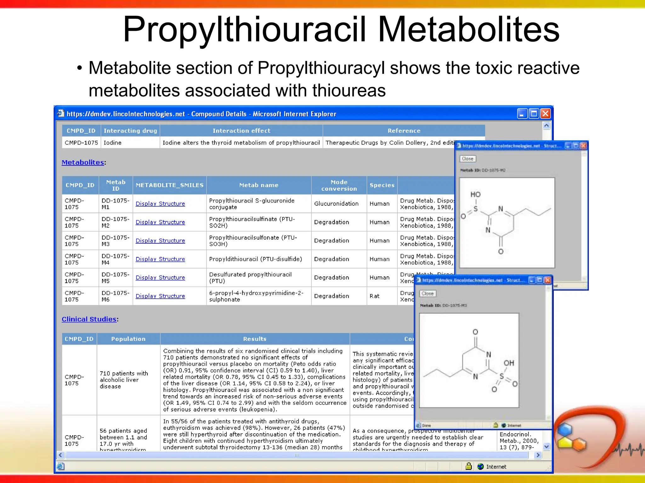 Propylthiouracil MetabolitesMetabolite section of Propylthiouracyl shows the toxic reactive metabolites associated with thioureasPropylthiouracil Toxicity MechanismToxicity Mechanism section reveals key information for thiourea toxicityPropylthiouracil Adverse EventsSignal Scores capture the EBGM values for adverse events from FDA & WHO databases(EBGM >3 is generally considered clinically relevant) 