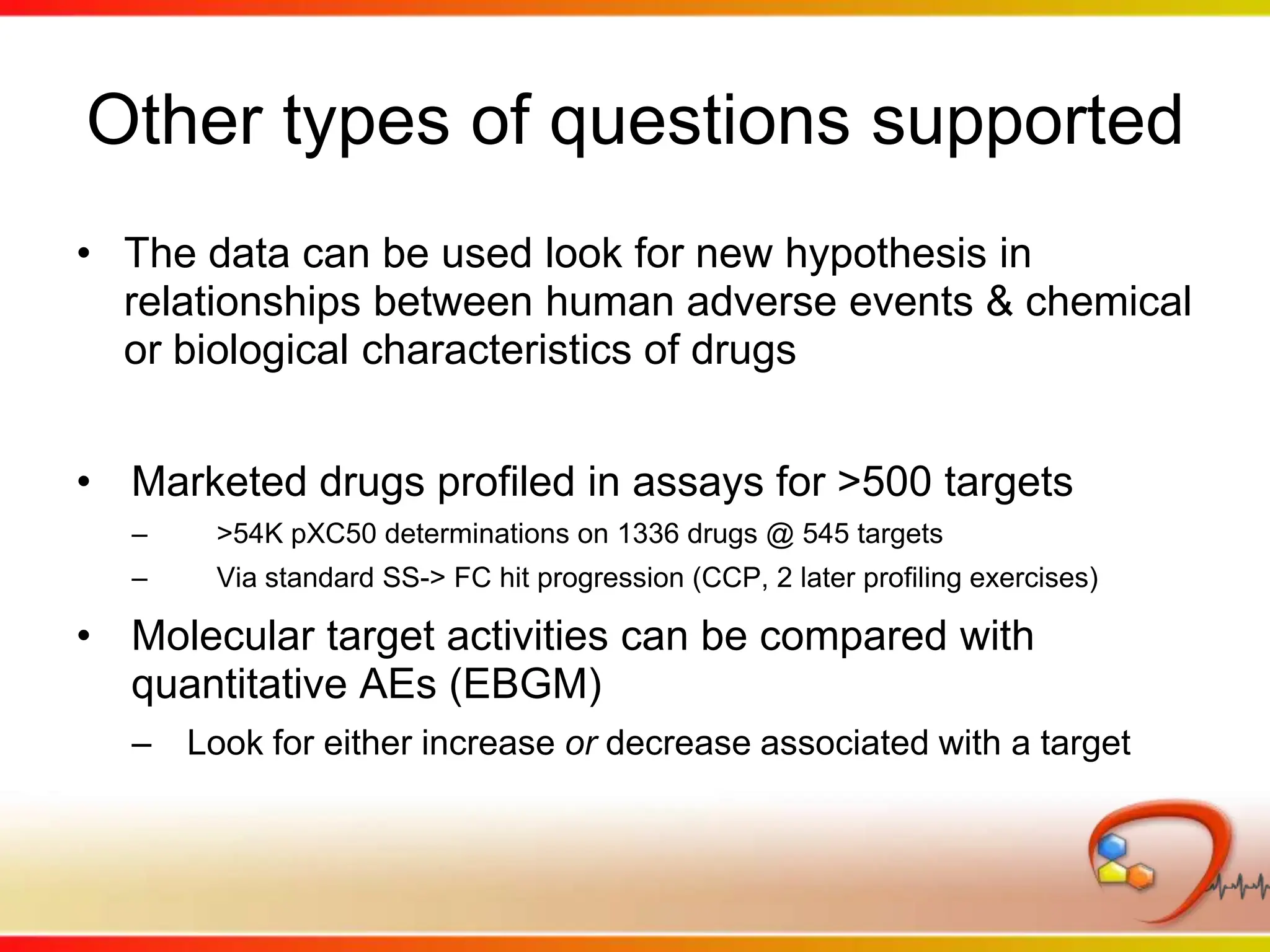 Now compare all target activities to all AE scoresAll measured pXC50 data All AE “Scores”X= potential new associations between activity at target(s) & adverse event 