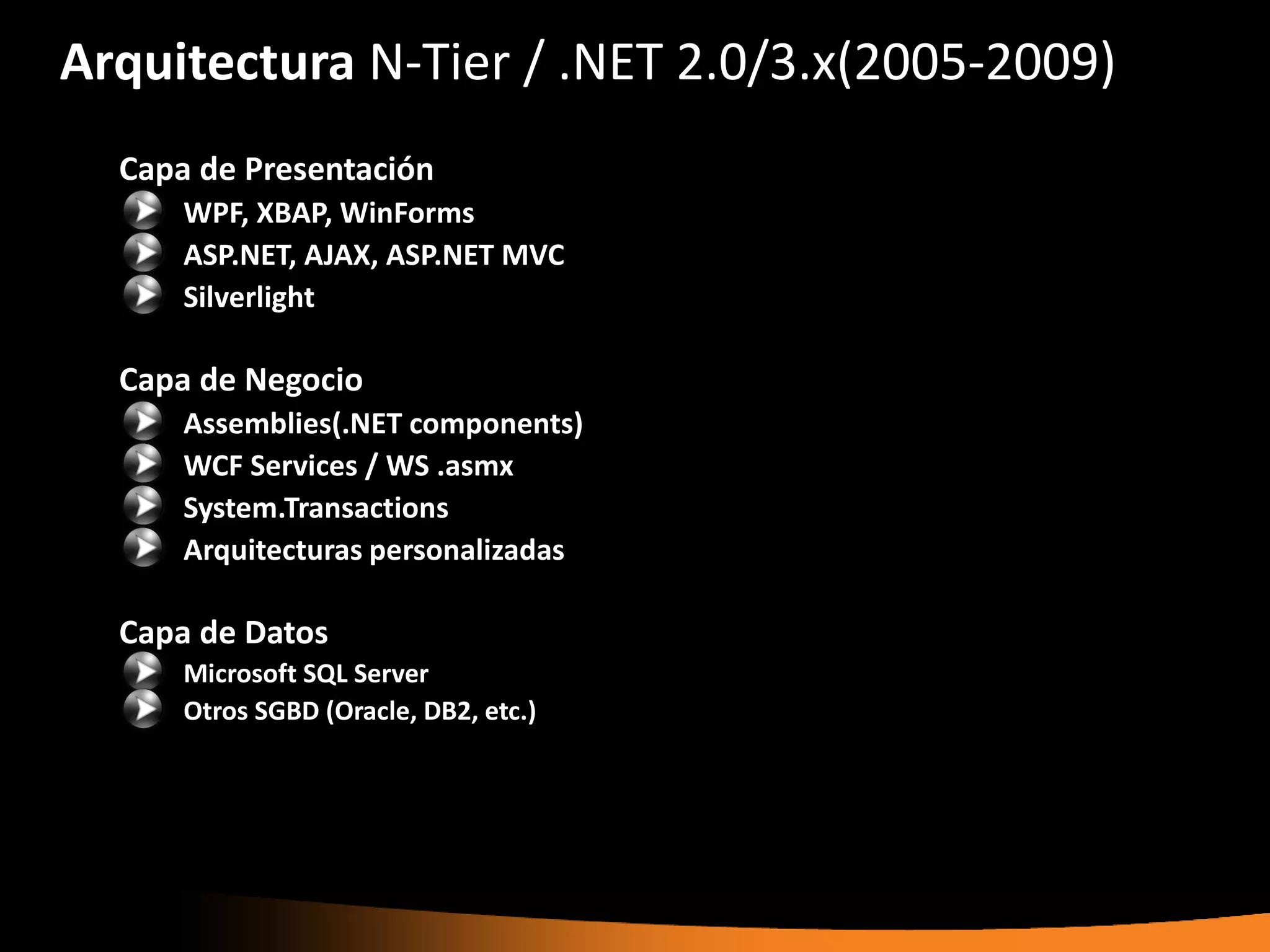 Arquitectura N-Tier / .NET 2.0/3.x(2005-2009)
  Capa de Presentación
      WPF, XBAP, WinForms
      ASP.NET, AJAX, ASP.NET MVC
      Silverlight

  Capa de Negocio
      Assemblies(.NET components)
      WCF Services / WS .asmx
      System.Transactions
      Arquitecturas personalizadas

  Capa de Datos
      Microsoft SQL Server
      Otros SGBD (Oracle, DB2, etc.)
 