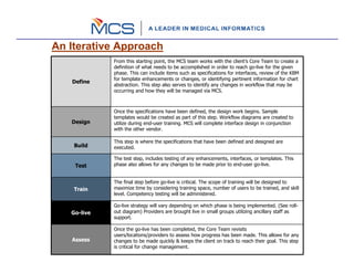 An Iterative Approach
             From this starting point, the MCS team works with the client’s Core Team to create a
             definition of what needs to be accomplished in order to reach go-live for the given
             phase. This can include items such as specifications for interfaces, review of the KBM
             for template enhancements or changes, or identifying pertinent information for chart
   Define
             abstraction. This step also serves to identify any changes in workflow that may be
             occurring and how they will be managed via MCS.



             Once the specifications have been defined, the design work begins. Sample
             templates would be created as part of this step. Workflow diagrams are created to
   Design    utilize during end-user training. MCS will complete interface design in conjunction
             with the other vendor.

             This step is where the specifications that have been defined and designed are
    Build    executed.

             The test step, includes testing of any enhancements, interfaces, or templates. This
    Test     phase also allows for any changes to be made prior to end-user go-live.


             The final step before go-live is critical. The scope of training will be designed to
    Train    maximize time by considering training space, number of users to be trained, and skill
             level. Competency testing will be administered.

             Go-live strategy will vary depending on which phase is being implemented. (See roll-
   Go-live   out diagram) Providers are brought live in small groups utilizing ancillary staff as
             support.

             Once the go-live has been completed, the Core Team revisits
             users/locations/providers to assess how progress has been made. This allows for any
   Assess    changes to be made quickly & keeps the client on track to reach their goal. This step
             is critical for change management.
 