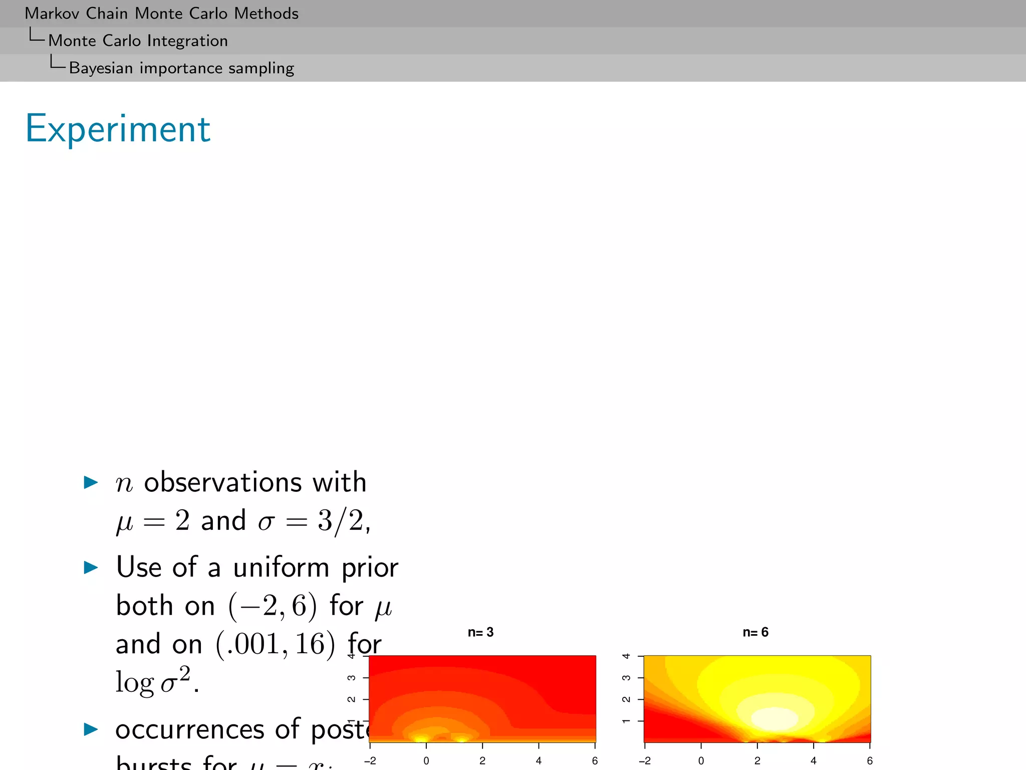 Markov Chain Monte Carlo Methods
  Monte Carlo Integration
     Bayesian importance sampling



Experiment




          n observations with
          µ = 2 and σ = 3/2,
          Use of a uniform prior
          both on (−2, 6) for µ
          and on (.001, 16) for
          log σ 2 .
          occurrences of posterior
 