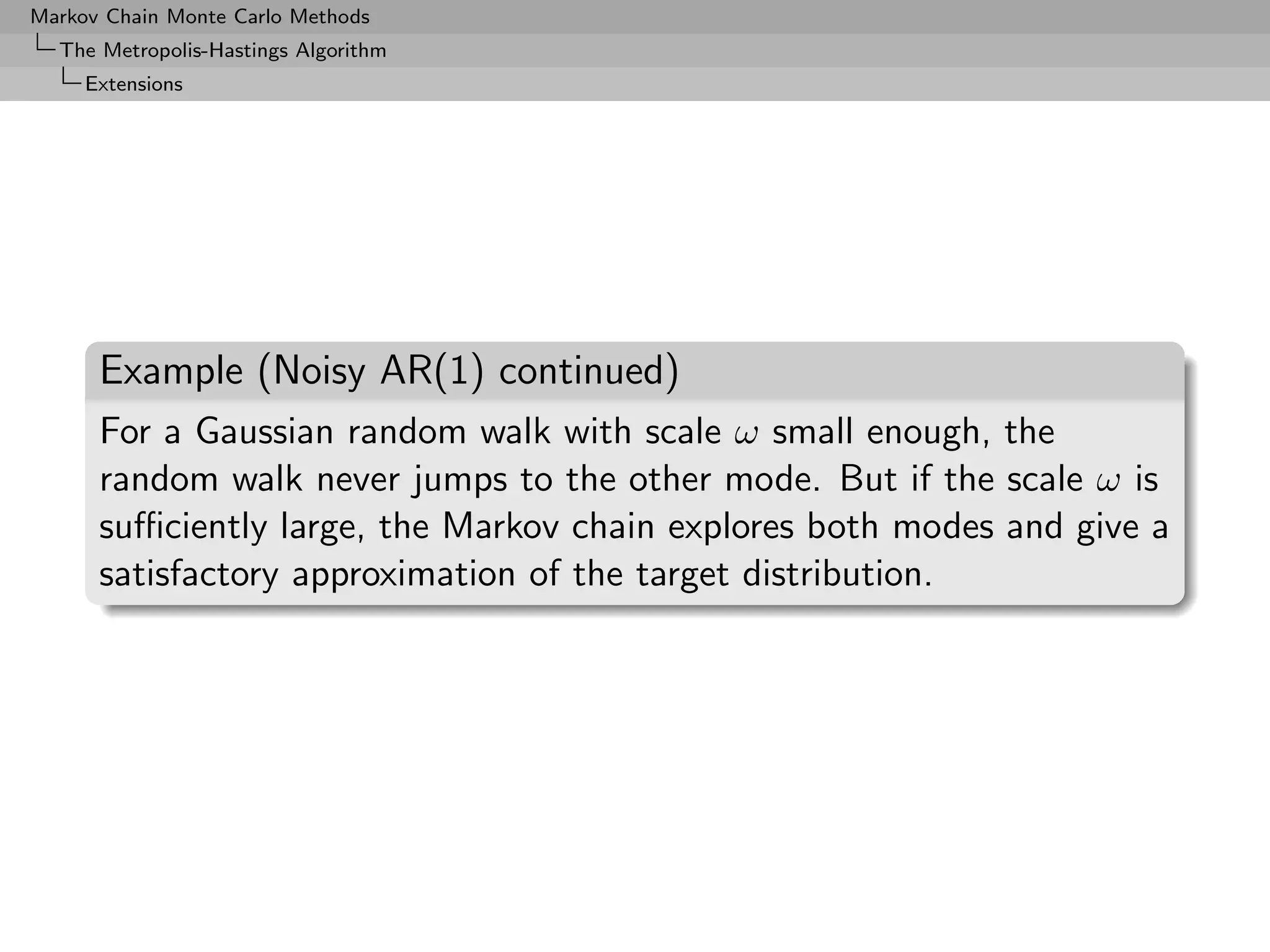 Markov Chain Monte Carlo Methods
  The Metropolis-Hastings Algorithm
     Extensions




      Example (Noisy AR(1) continued)
      For a Gaussian random walk with scale ω small enough, the
      random walk never jumps to the other mode. But if the scale ω is
      suﬃciently large, the Markov chain explores both modes and give a
      satisfactory approximation of the target distribution.
 