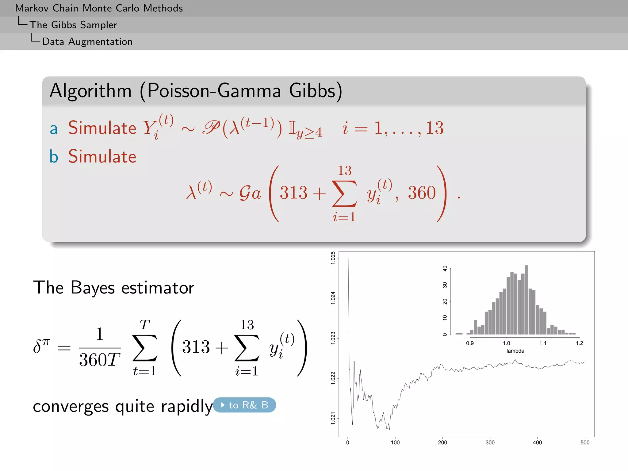 Markov Chain Monte Carlo Methods
  The Gibbs Sampler
     Data Augmentation




      Algorithm (Poisson-Gamma Gibbs)
                             (t)
      a Simulate Yi                ∼ P(λ(t−1) ) Iy≥4             i = 1, . . . , 13
      b Simulate
                                                                 13
                                                                       (t)
                                   λ(t) ∼ Ga 313 +                    yi , 360         .
                                                          i=1




                                                         1.025




                                                                                  40
   The Bayes estimator




                                                                                  30
                                                         1.024




                                                                                  20
                                                                                  10
                         T                 13
              1                                          1.023




                                                                                  0
                                                   (t)
   δπ =                            313 +          yi                                       0.9         1.0
                                                                                                         lambda
                                                                                                                    1.1   1.2


            360T
                      t=1                  i=1
                                                         1.022




   converges quite rapidly              to R& B
                                                         1.021




                                                                  0      100     200             300              400      500
 