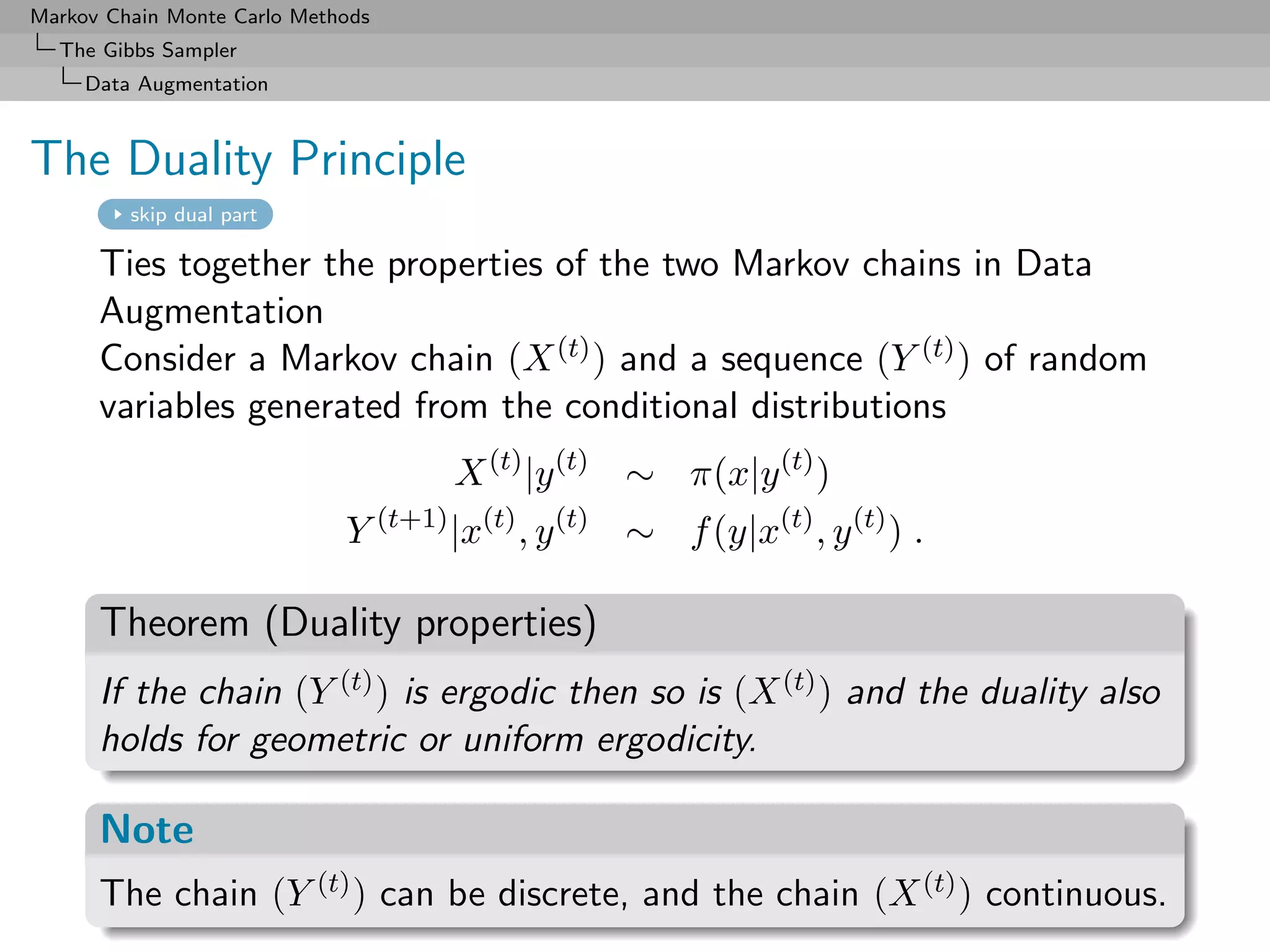Markov Chain Monte Carlo Methods
  The Gibbs Sampler
     Data Augmentation



The Duality Principle
         skip dual part

      Ties together the properties of the two Markov chains in Data
      Augmentation
      Consider a Markov chain (X (t) ) and a sequence (Y (t) ) of random
      variables generated from the conditional distributions
                                     X (t) |y (t) ∼ π(x|y (t) )
                             Y (t+1) |x(t) , y (t) ∼ f (y|x(t) , y (t) ) .

      Theorem (Duality properties)
      If the chain (Y (t) ) is ergodic then so is (X (t) ) and the duality also
      holds for geometric or uniform ergodicity.

      Note
      The chain (Y (t) ) can be discrete, and the chain (X (t) ) continuous.
 