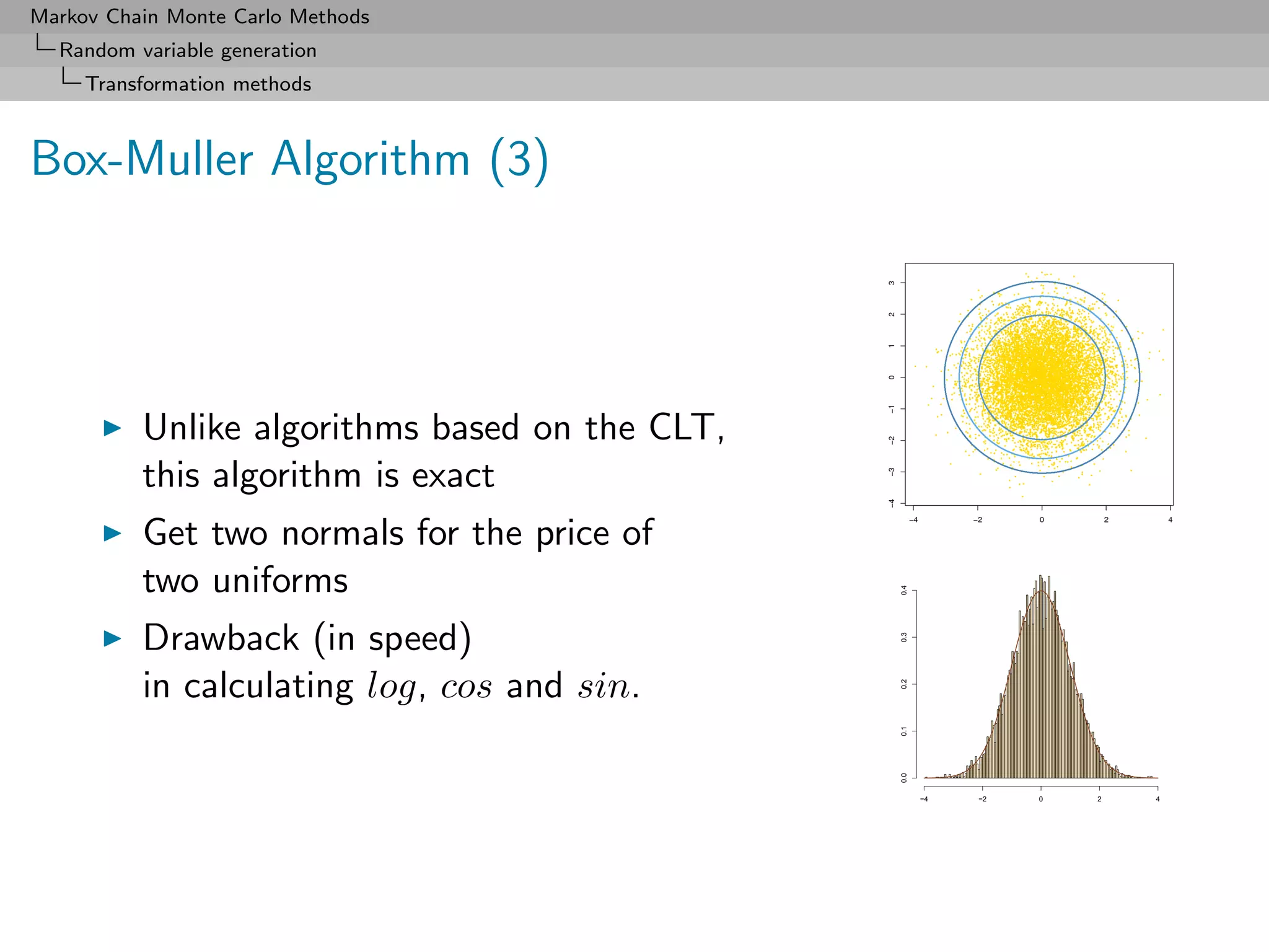Markov Chain Monte Carlo Methods
  Random variable generation
     Transformation methods



Box-Muller Algorithm (3)




          Unlike algorithms based on the CLT,
          this algorithm is exact
          Get two normals for the price of
          two uniforms




                                                0.4
          Drawback (in speed)




                                                0.3
          in calculating log, cos and sin.




                                                0.2
                                                0.1
                                                0.0
                                                      −4   −2   0   2   4
 