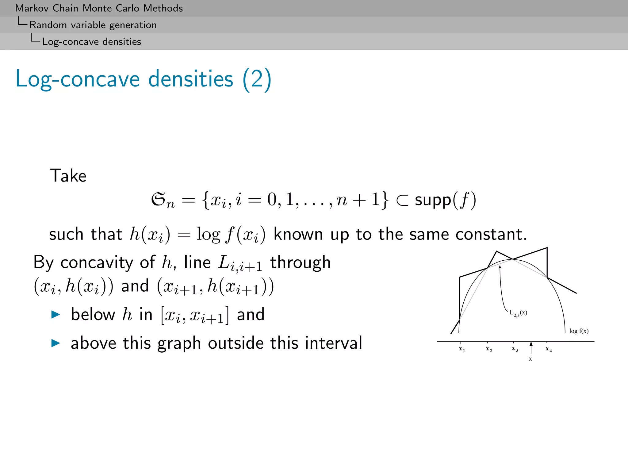 Markov Chain Monte Carlo Methods
  Random variable generation
     Log-concave densities



Log-concave densities (2)


      Take
                             Sn = {xi , i = 0, 1, . . . , n + 1} ⊂ supp(f )
     such that h(xi ) = log f (xi ) known up to the same constant.
   By concavity of h, line Li,i+1 through
   (xi , h(xi )) and (xi+1 , h(xi+1 ))
           below h in [xi , xi+1 ] and                                             L 2,3 (x)

                                                                                                        log f(x)

           above this graph outside this interval                       x1    x2    x3             x4
                                                                                               x
 