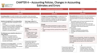 CHAPTER 4 – Accounting Policies, Changes in Accounting
Estimates and Errors
ACCOUNTING POLICIES
DEFINITION
Accounting policies are specific principles, bases, conventions, rules and practices
applied in preparing, presenting and disclosing information in the financial statements.
Selection and application of accounting policies:
• If a Chapter deals with a transaction, use the
Chapter
• If no Chapter on a transaction, management
judgment should be applied in developing and
applying an accounting policy resulting in
information that is relevant, reliable and
complete in all material respects
CHANGES IN ACCOUNTING ESTIMATES
DEFINITION
A change in an accounting estimate is an adjustment of the
carrying amount of an asset or liability, or the amount of
periodic consumption, resulting from assessing the present
status of, and the expected future benefits and obligations
associated with, the asset or liability.
ERRORS
DEFINITION
Prior period errors are omissions from and misstatements in
the financial statements for one or more prior periods
arising from failure to use/misuse of reliable information
that:
 was available when the financial statements for that
period are authorised for issue; and
 could have been reasonably expected to have been
obtained and taken into account in the preparation and
presentation of the financial statements.
Errors include:
 Mathematical mistakes
 Mistakes in applying accounting policies
 Oversights and misinterpretation of facts
 Fraud
Only change a policy if the
change is required by the MCS
The following sources should be referred to, to
make judgment:
• Office of the Accountant-General
• Definitions, recognition criteria and
measurement concepts for assets, liabilities,
revenue and expenses in Chapter 2 on
Concepts and Principles
Consistency of accounting policies – accounting
polices should be consistent for similar
transactions, events or conditions unless required
or permitted otherwise by the MCS
Principle:
Apply changes in accounting
policies:
• If change is due to a new
Chapter of MCS  apply
transitional provisions;
• If no transitional provisions
 apply retrospectively
If impractical to determine
period specific effects or
cumulative effects of the change
in policy, then prospectively
apply to earliest period that is
practical
Principle:
Recognise the change prospectively in surplus or deficit in:
• Period of change, if the change only affects that period;
or
• Period of change and future periods (if the change affects
both)
Principle:
Correct all errors retrospectively. Restate the comparative
amounts for prior periods in which error occurred OR if the
error occurred before that date, restate opening balance of
assets, liabilities and net assets for the earliest period
presented
If impractical to determine
period specific effects of error,
restate opening balances for
earliest period practicable
If impractical to determine
cumulative effects o the error,
restate comparative information
for the earlies period practicable
6
 