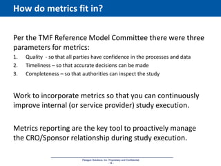 Paragon Solutions, Inc. Proprietary and Confidential
- 14 -
Paragon Solutions, Inc. Proprietary and Confidential
- 14 -
How do metrics fit in?
Per the TMF Reference Model Committee there were three
parameters for metrics:
1. Quality - so that all parties have confidence in the processes and data
2. Timeliness – so that accurate decisions can be made
3. Completeness – so that authorities can inspect the study
Work to incorporate metrics so that you can continuously
improve internal (or service provider) study execution.
Metrics reporting are the key tool to proactively manage
the CRO/Sponsor relationship during study execution.
 