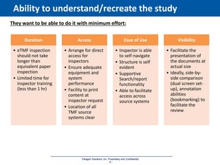 Paragon Solutions, Inc. Proprietary and Confidential
- 9 -
Paragon Solutions, Inc. Proprietary and Confidential
- 9 -
Ability to understand/recreate the study
Duration
• eTMF inspection
should not take
longer than
equivalent paper
inspection
• Limited time for
inspector training
(less than 1 hr)
Access
• Arrange for direct
access for
inspectors
• Ensure adequate
equipment and
system
performance
• Facility to print
content at
inspector request
• Location of all
TMF source
systems clear
Ease of Use
• Inspector is able
to self-navigate
• Structure is self
evident
• Supportive
Search/report
functionality
• Able to facilitate
access across
source systems
Visibility
• Facilitate the
presentation of
the documents at
actual size
• Ideally, side-by-
side comparison
(dual screen set-
up), annotation
abilities
(bookmarking) to
facilitate the
review
They want to be able to do it with minimum effort:
 