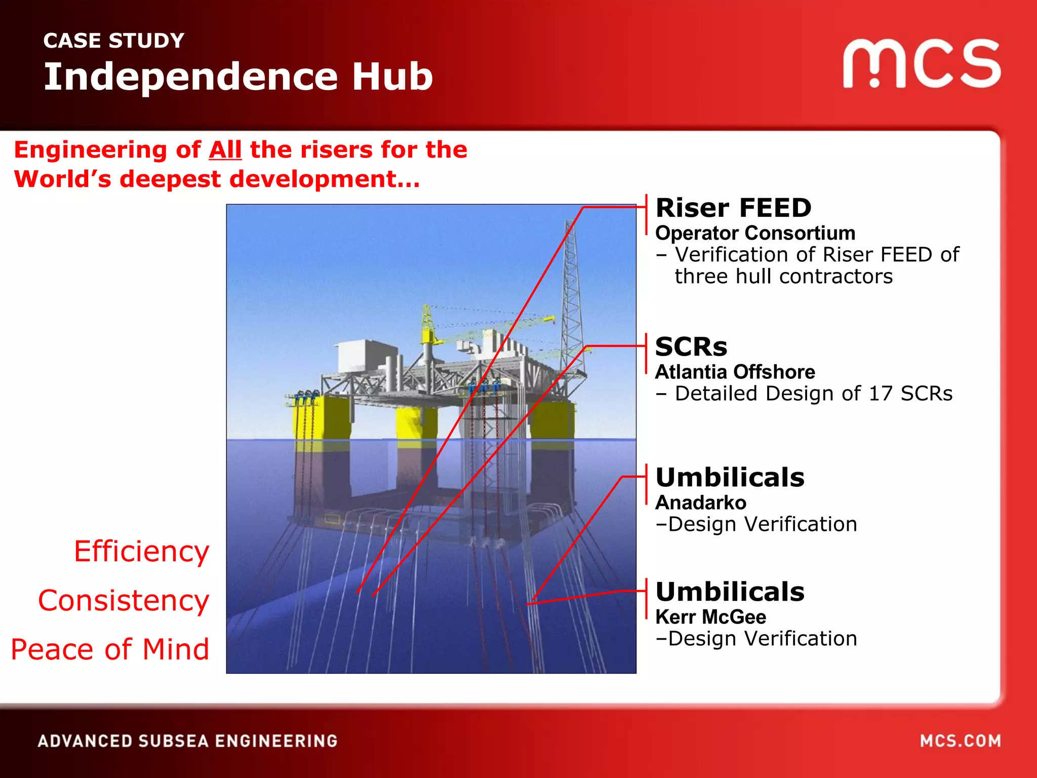 Engineering of  All  the risers for the World’s deepest development… CASE STUDY  Independence Hub SCRs  Atlantia Offshore –  Detailed Design of 17 SCRs Umbilicals  Anadarko – Design Verification Efficiency Consistency Peace of Mind Umbilicals  Kerr McGee – Design Verification Riser FEED Operator Consortium –  Verification of Riser FEED of three hull contractors 