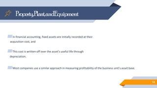 Property,Plant,andEquipment
▰In financial accounting, fixed assets are initially recorded at their
acquisition cost, and
▰This cost is written off over the asset’s useful life through
depreciation.
▰Most companies use a similar approach in measuring profitability of the business unit’s asset base.
14
 