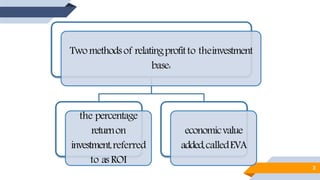 3
Twomethodsof relatingprofitto theinvestment
base:
the percentage
returnon
investment,referred
to as ROI
economicvalue
added,calledEVA
 