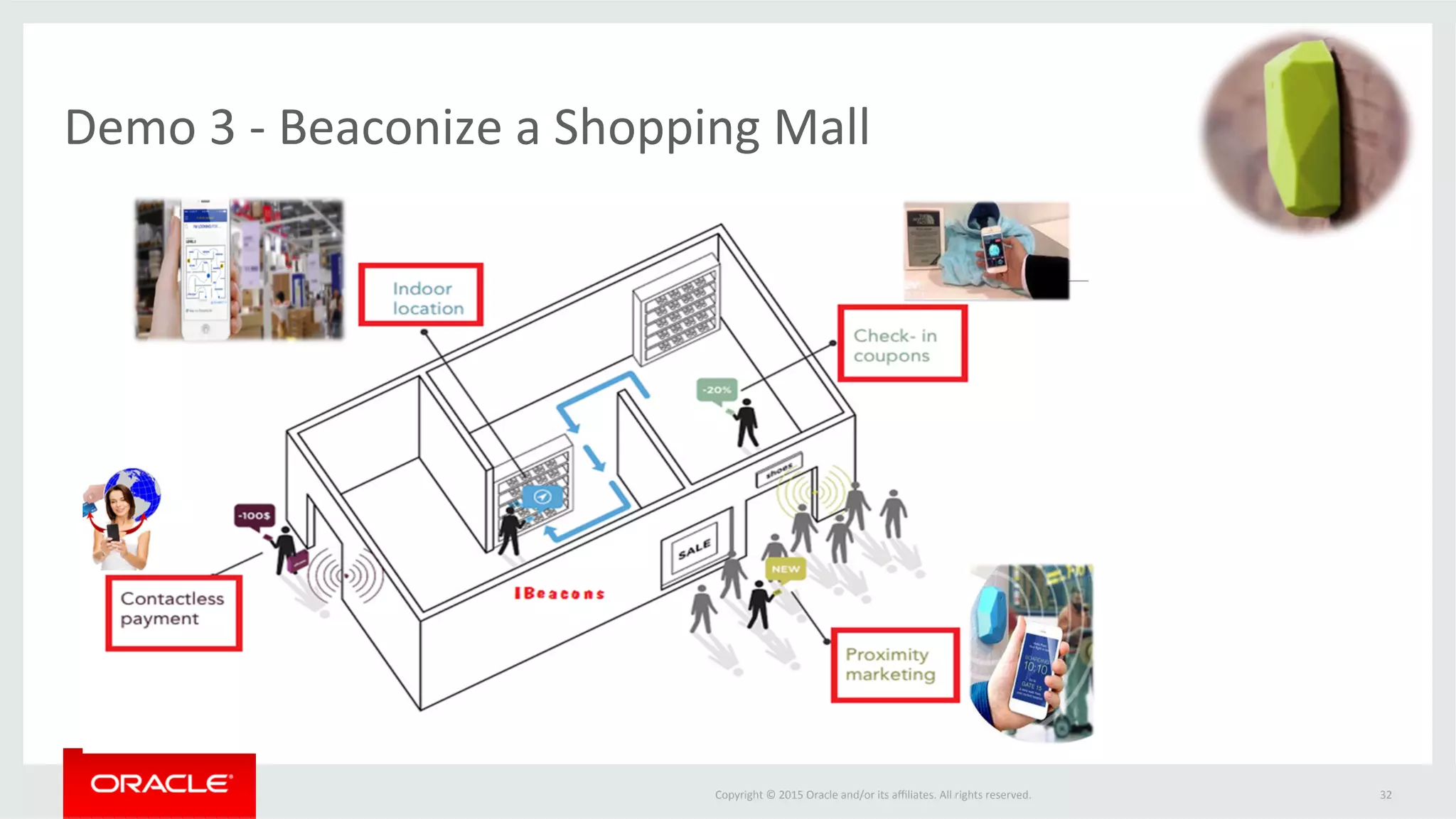 Copyright	©	2015	Oracle	and/or	its	aﬃliates.	All	rights	reserved.		
Demo	3	-	Beaconize	a	Shopping	Mall	
32	
 