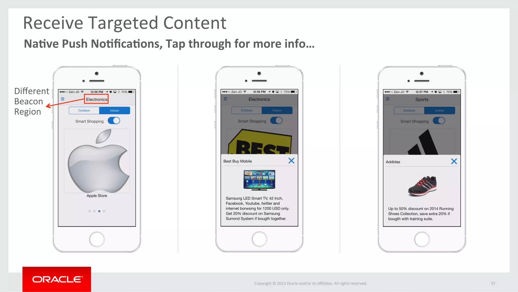Copyright	©	2015	Oracle	and/or	its	aﬃliates.	All	rights	reserved.		 37	
Receive	Targeted	Content	
Na3ve	Push	No3ﬁca3ons,	Tap	through	for	more	info…			
Diﬀerent	
Beacon	
Region	
 