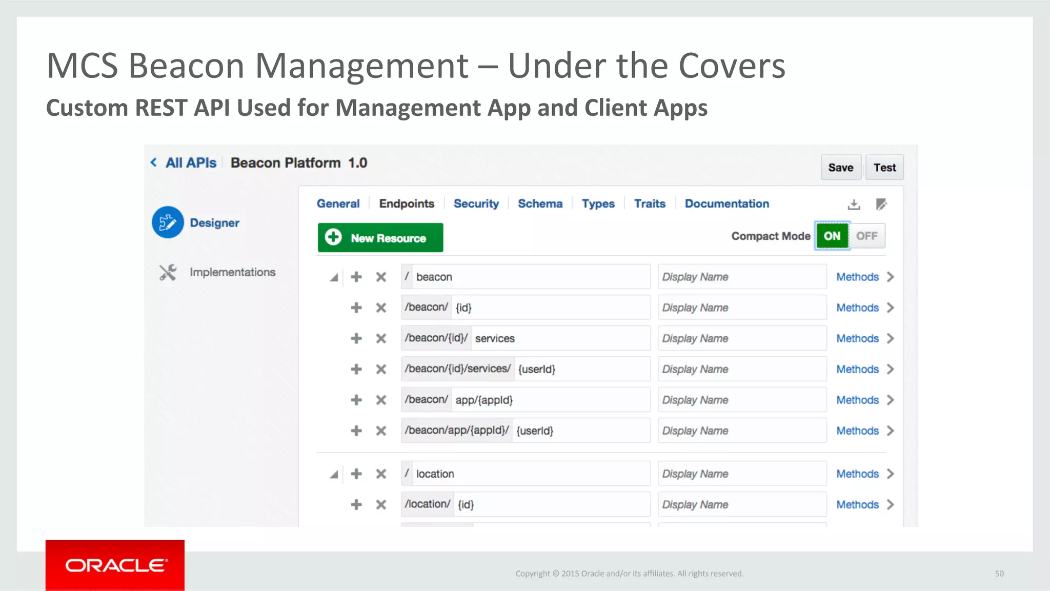 Copyright	©	2015	Oracle	and/or	its	aﬃliates.	All	rights	reserved.		 50	
Custom	REST	API	Used	for	Management	App	and	Client	Apps	
MCS	Beacon	Management	–	Under	the	Covers	
 
