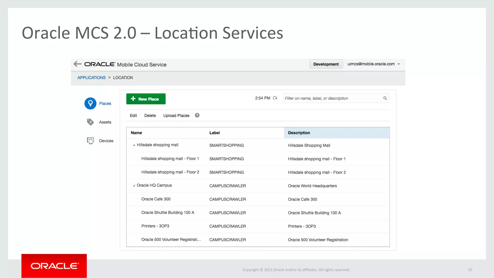 Copyright	©	2015	Oracle	and/or	its	aﬃliates.	All	rights	reserved.		 55	
Oracle	MCS	2.0	–	Loca@on	Services	
 