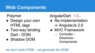Web Components 
Polymer 
● Design your own 
HTML tags 
● Two-way binding 
Dart - DOM 
● Shadow DOM 
AngularDart 1.0new 
● Re-implementation 
⇒ AngularJs 2.0 
● MVC Framework 
o Controller - 
Directives - 
Components 
we don’t write HTML - we generate the DOM 
 