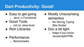 Dart Productivity: Good! 
● Easy to get going 
o Java ⇒ Functional 
● Good Tools 
o not on Java level 
● Rich Libraries 
● Performance 
o Benchmarks 
● Mostly Unsurprising 
semantics 
o No Strong Typing 
(like Scala) 
● Doc a bit light 
o helps if you know 
Javascript/HTML 
 
