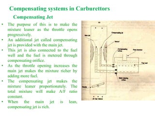 Compensating Jet
• The purpose of this is to make the
mixture leaner as the throttle opens
progressively.
• An additional jet called compensating
jet is provided with the main jet.
• This jet is also connected to the fuel
well and the fuel is metered through
compensating orifice.
• As the throttle opening increases the
main jet makes the mixture richer by
adding more fuel.
• The compensating jet makes the
mixture leaner proportionately. The
total mixture will make A/F ratio
constant.
• When the main jet is lean,
compensating jet is rich.
Compensating systems in Carburettors
 