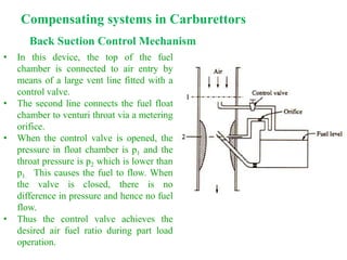 Back Suction Control Mechanism
• In this device, the top of the fuel
chamber is connected to air entry by
means of a large vent line fitted with a
control valve.
• The second line connects the fuel float
chamber to venturi throat via a metering
orifice.
• When the control valve is opened, the
pressure in float chamber is p1 and the
throat pressure is p2 which is lower than
p1. This causes the fuel to flow. When
the valve is closed, there is no
difference in pressure and hence no fuel
flow.
• Thus the control valve achieves the
desired air fuel ratio during part load
operation.
Compensating systems in Carburettors
 