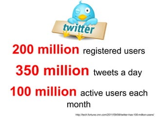 200 million registered users
 350 million tweets a day
100 million active users each
           month
             http://tech.fortune.cnn.com/2011/09/08/twitter-has-100-million-users/
 