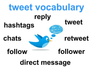 tweet vocabulary
        reply
hashtags         tweet

chats            retweet
 follow         follower
    direct message
 