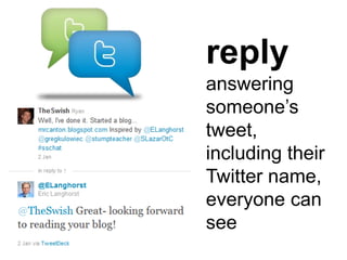reply
answering
someone’s
tweet,
including their
Twitter name,
everyone can
see
 
