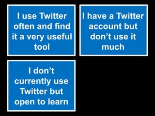 I use Twitter    I have a Twitter
 often and find      account but
it a very useful      don’t use it
       tool         ...