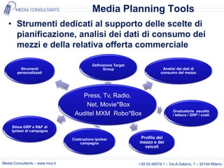 Media Planning Tools
   • Strumenti dedicati al supporto delle scelte di
     pianificazione, analisi dei dati di consumo dei
     mezzi e della relativa offerta commerciale

                                            Definizione Target
          Strumenti                               Group                       Analisi dei dati di
        personalizzati                                                       consumo del mezzo




                                    Press, Tv, Radio,
                                      Net, Movie*Box
                                                                                    Graduatorie ascolto
                                  Auditel MXM Robo*Box                              / lettura / GRP / costi


     Stima GRP e R&F di
     ipotesi di campagna

                                 Costruzione ipotesi             Profilo del
                                     campagna                    mezzo e dei
                                                                   veicoli


Media Consultants – www.mcs.it                                   +39 02-48578.1 – Via A.Salaino, 7 – 20144 Milano
 