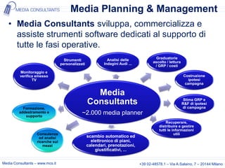Media Planning & Management
   • Media Consultants sviluppa, commercializza e
     assiste strumenti software dedicati al supporto di
     tutte le fasi operative.
                                                             Analisi delle              Graduatorie
                                    Strumenti
                                                           Indagini Audi ...          ascolto / lettura
                                  personalizzati
                                                                                       / GRP / costi
         Monitoraggio e
         verifica emesso                                                                                  Costruzione
                TV                                                                                           ipotesi
                                                                                                           campagna

                                                     Media
                                                   Consultants                                             Stima GRP e
                                                                                                          R&F di ipotesi
           Formazione,                                                                                    di campagna
         addestramento e
            supporto
                                              ~2.000 media planner
                                                                                              Recuperare,
                                                                                          distribuire e gestire
                                                                                          tutti le informazioni
                   Consulenza                                                                       utili
                    ed analisi                     scambio automatico ed
                   ricerche sui                      elettronico di piani,
                      mezzi                        calendari, prenotazioni,
                                                       giustificativi, ...


Media Consultants – www.mcs.it                                                 +39 02-48578.1 – Via A.Salaino, 7 – 20144 Milano
 