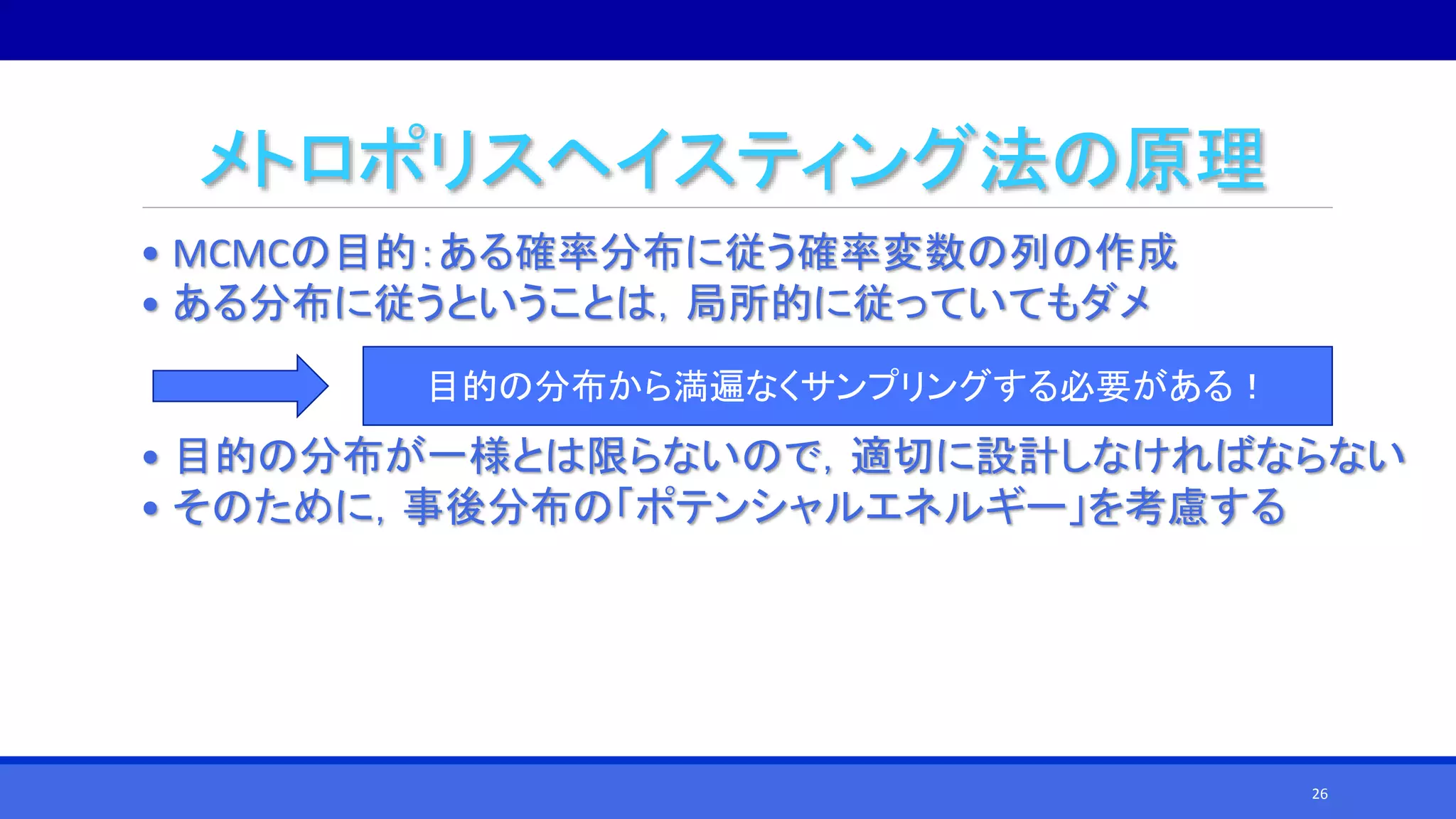 メトロポリスヘイスティング法の原理
• MCMCの目的：ある確率分布に従う確率変数の列の作成
• ある分布に従うということは，局所的に従っていてもダメ
• 目的の分布が一様とは限らないので，適切に設計しなければならない
• そのために，事後分布の「ポテンシャルエネルギー」を考慮する
目的の分布から満遍なくサンプリングする必要がある！
26
 
