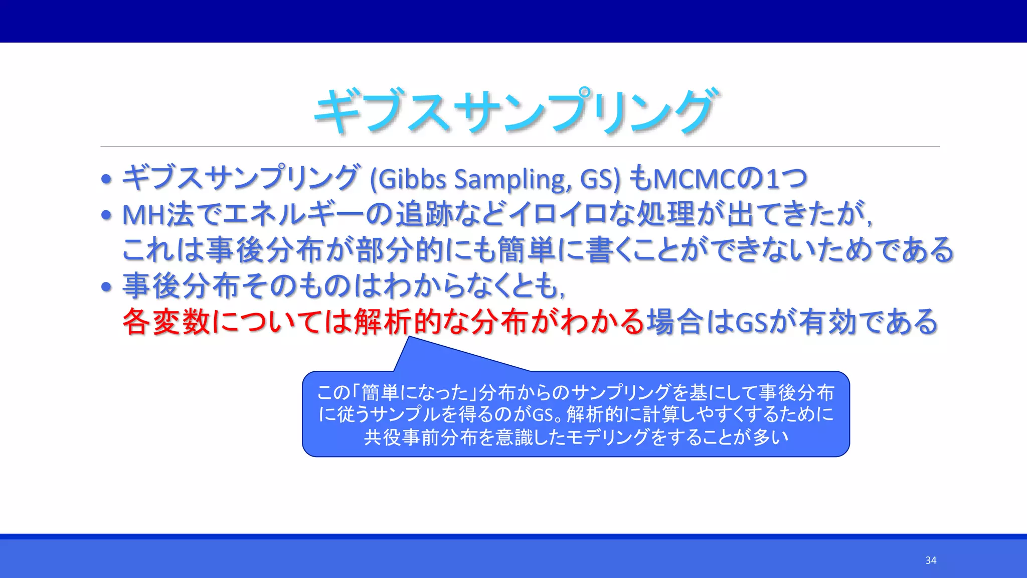 ギブスサンプリング
• ギブスサンプリング (Gibbs Sampling, GS) もMCMCの1つ
• MH法でエネルギーの追跡などイロイロな処理が出てきたが，
これは事後分布が部分的にも簡単に書くことができないためである
• 事後分布そのものはわからなくとも，
各変数については解析的な分布がわかる場合はGSが有効である
この「簡単になった」分布からのサンプリングを基にして事後分布
に従うサンプルを得るのがGS。解析的に計算しやすくするために
共役事前分布を意識したモデリングをすることが多い
34
 