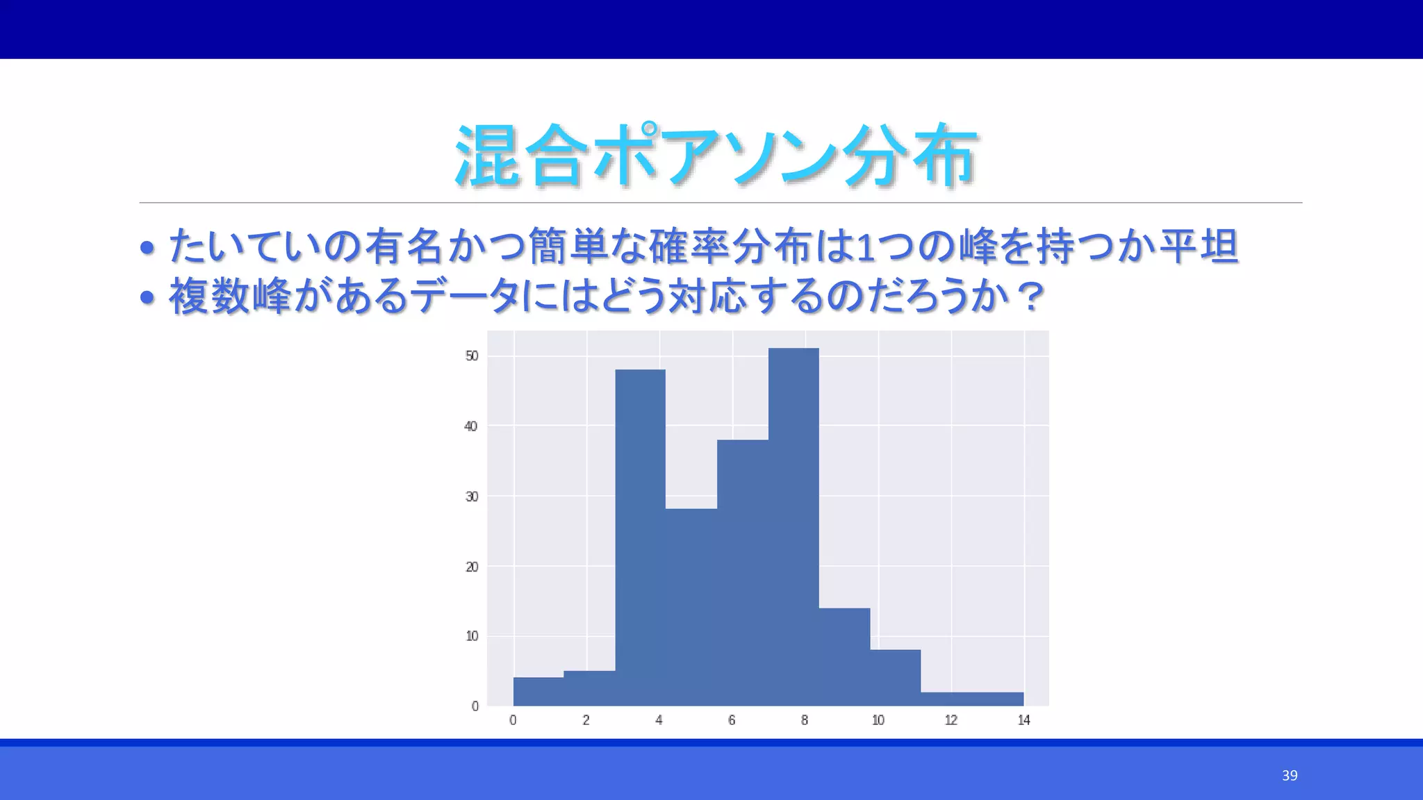 混合ポアソン分布
• たいていの有名かつ簡単な確率分布は1つの峰を持つか平坦
• 複数峰があるデータにはどう対応するのだろうか？
39
 
