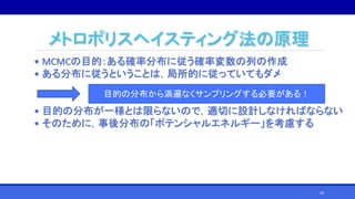 メトロポリスヘイスティング法の原理
• MCMCの目的：ある確率分布に従う確率変数の列の作成
• ある分布に従うということは，局所的に従っていてもダメ
• 目的の分布が一様とは限らないので，適切に設計しなければならない
• そのために，事後分布の「ポテンシャルエネルギー」を考慮する
目的の分布から満遍なくサンプリングする必要がある！
26
 