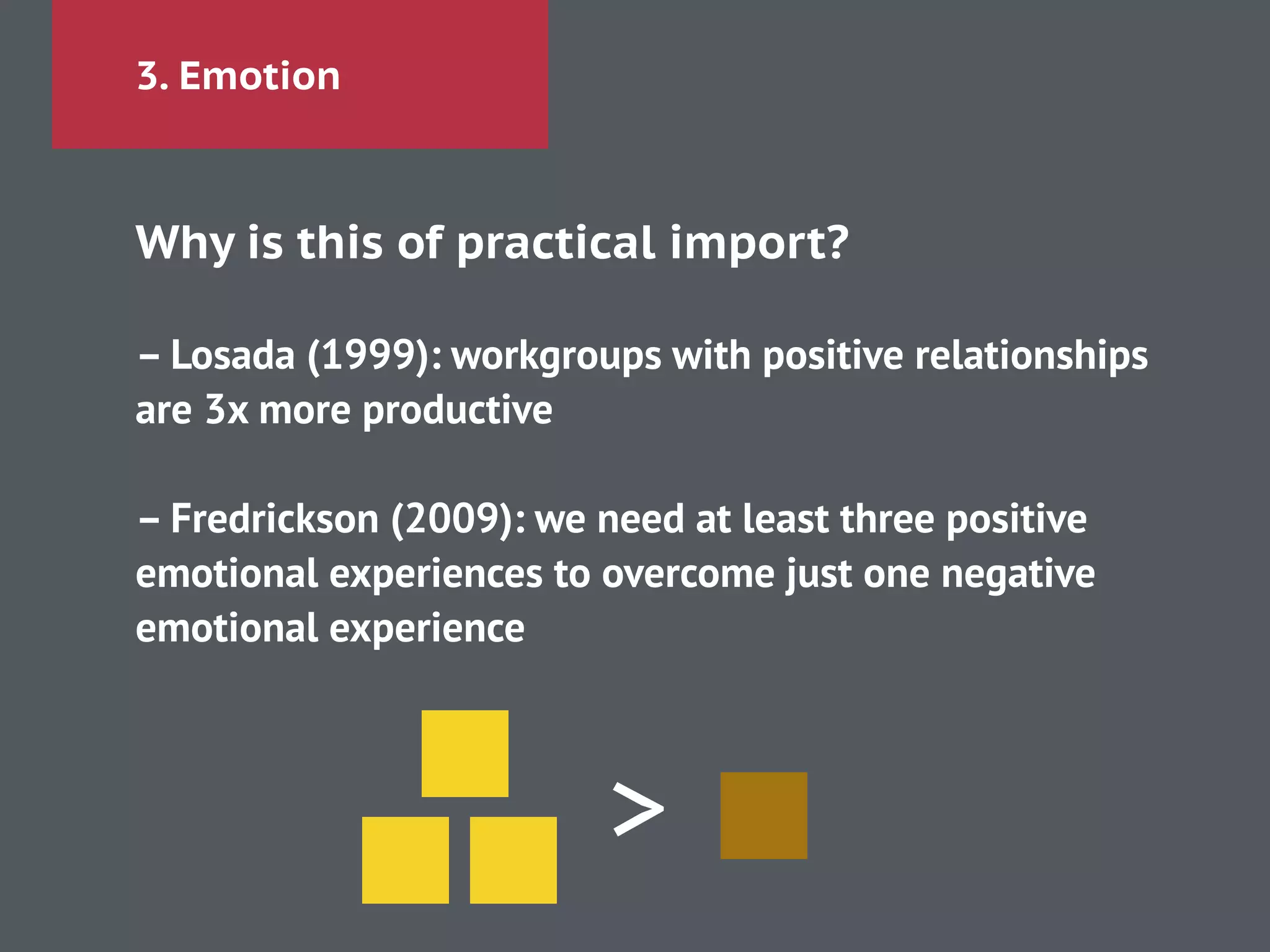 3. Emotion
Why is this of practical import?
!
– Losada (1999): workgroups with positive relationships
are 3x more productive
!
– Fredrickson (2009): we need at least three positive
emotional experiences to overcome just one negative
emotional experience
>
 