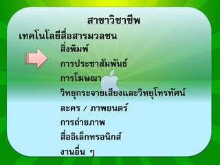 สาขาวิชาชีพ 
เทคโนโลยีสื่อสารมวลชน 
สิ่งพิมพ์ 
การประชาสัมพันธ์ 
การโฆษณา 
วิทยุกระจายเสียงและวิทยุโทรทัศน์ 
ละคร / ภาพยนตร์ 
การถ่ายภาพ 
สื่ออิเล็กทรอนิกส์ 
งานอื่น ๆ 
 